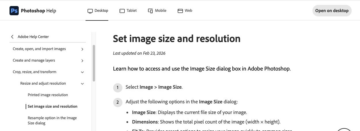 Shipped Photoshop Help article showing left-hand task navigation and numbered image-resizing instructions