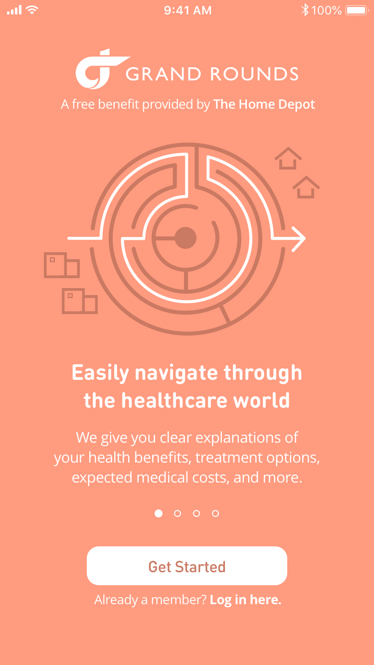 Original Grand Rounds mobile onboarding carousel prototype: benefit explanation, four page dots, and a Get Started button