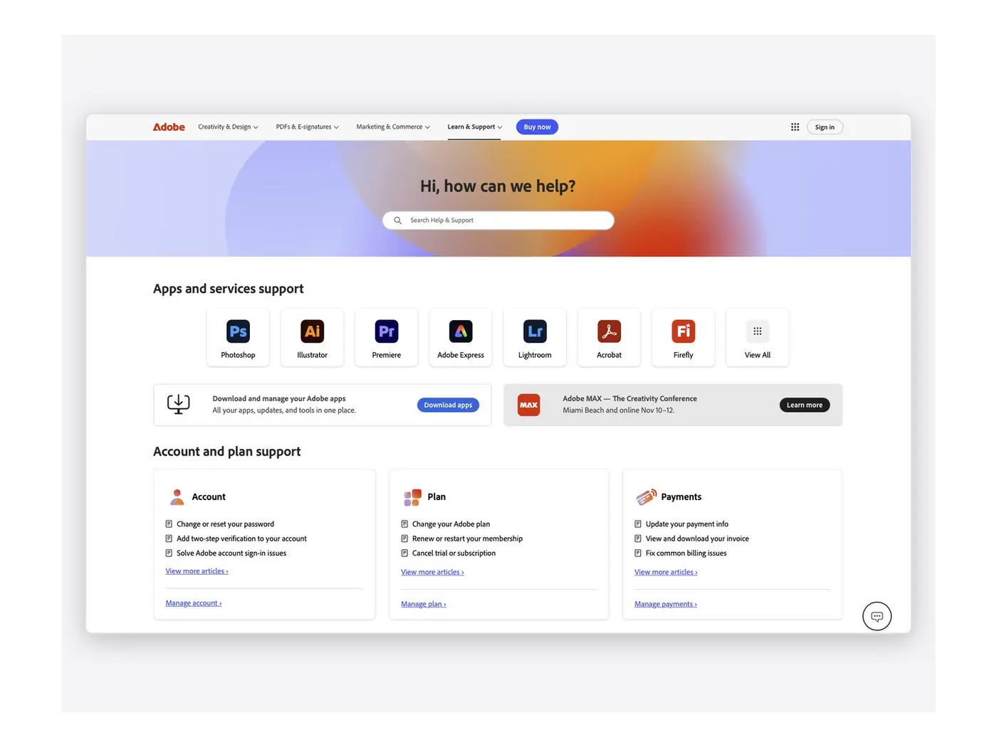 The new Adobe Help home, launched at Adobe MAX 2025