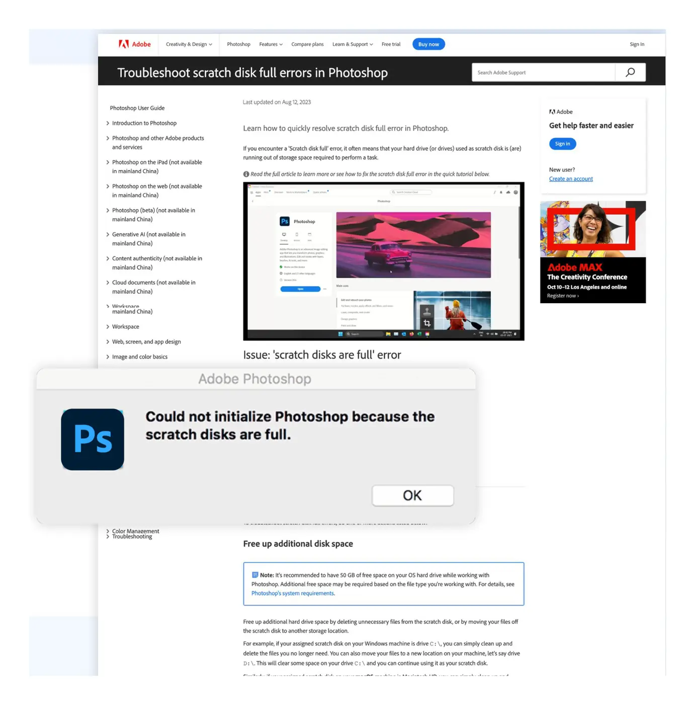 Mockup: a Photoshop scratch disk error beside the long help article a customer must read to start fixing it