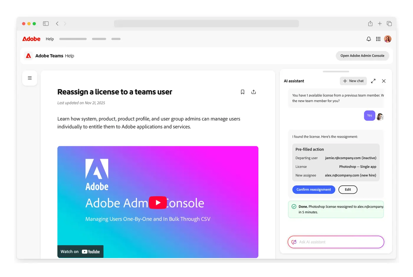 Prototype: reassigning a license from inside a help page