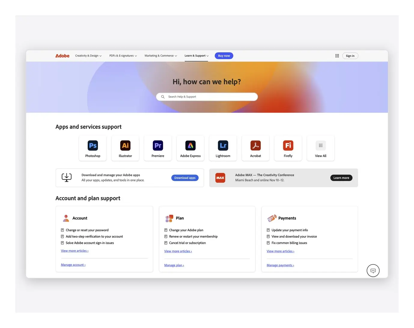The new Adobe Help home, launched at Adobe MAX 2025