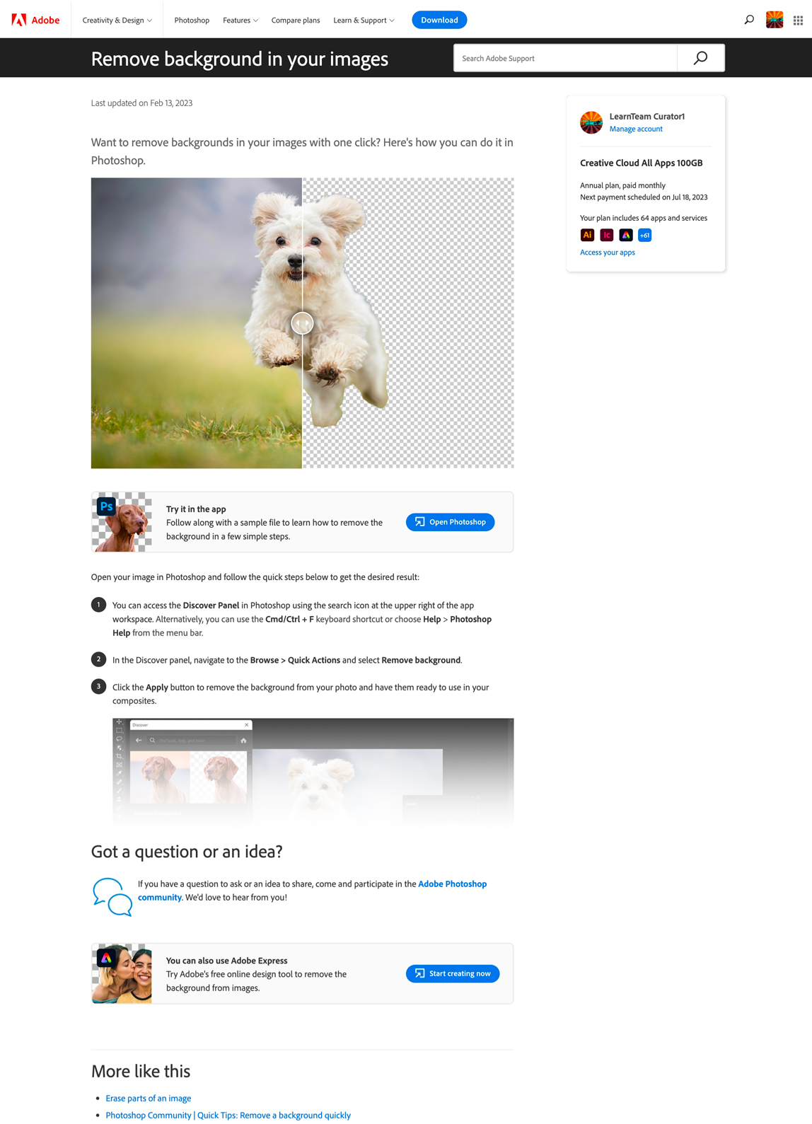 Photoshop help article on removing a background, with an Open Photoshop action, an Adobe Express alternative, and the customer’s plan details