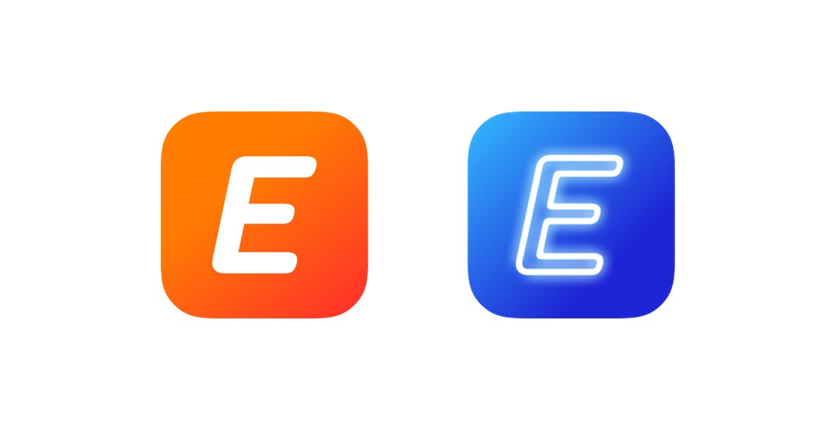 Two app icons: an orange gradient E for the attendee app and a blue neon E for the organizer app