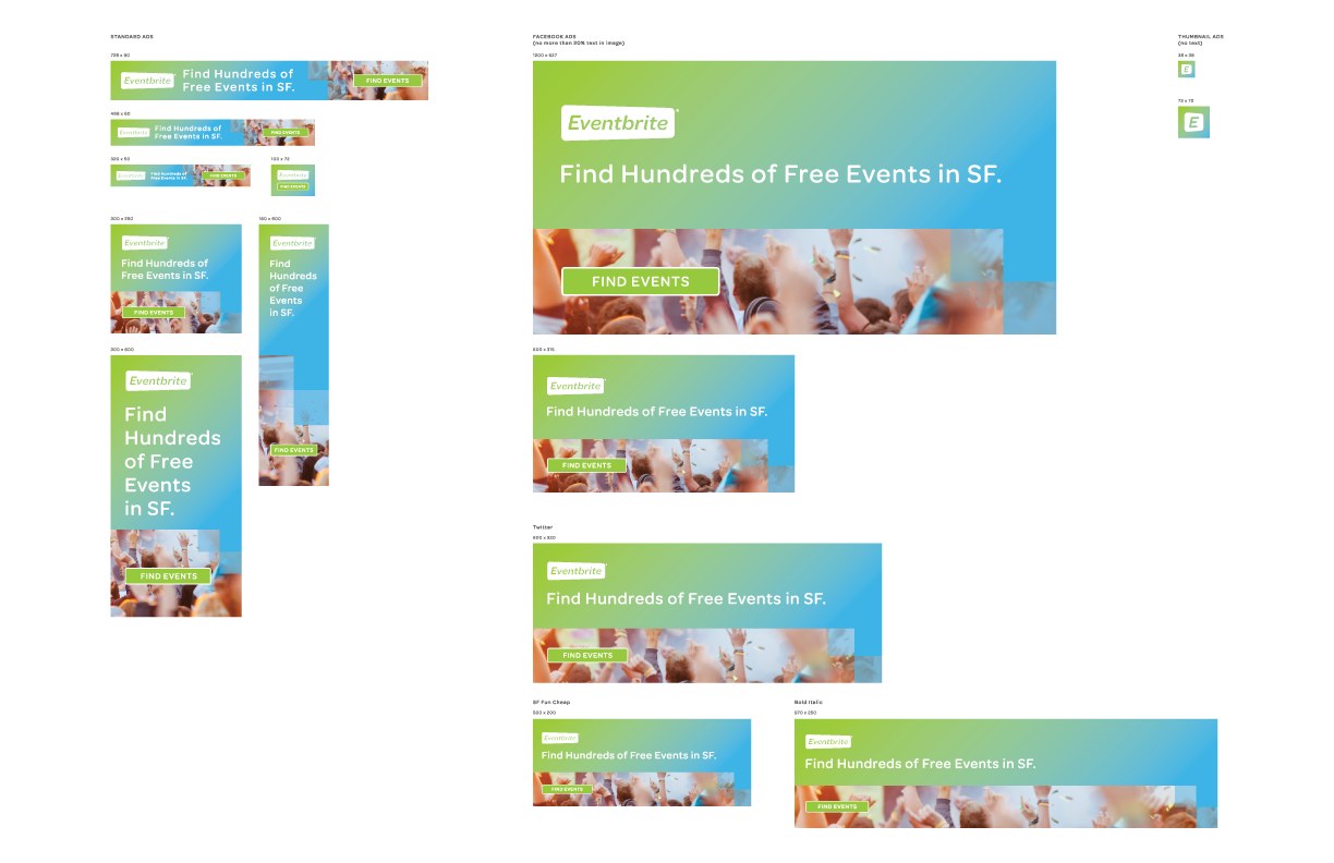 Green and blue campaign banners in several sizes reading Find hundreds of free events in SF