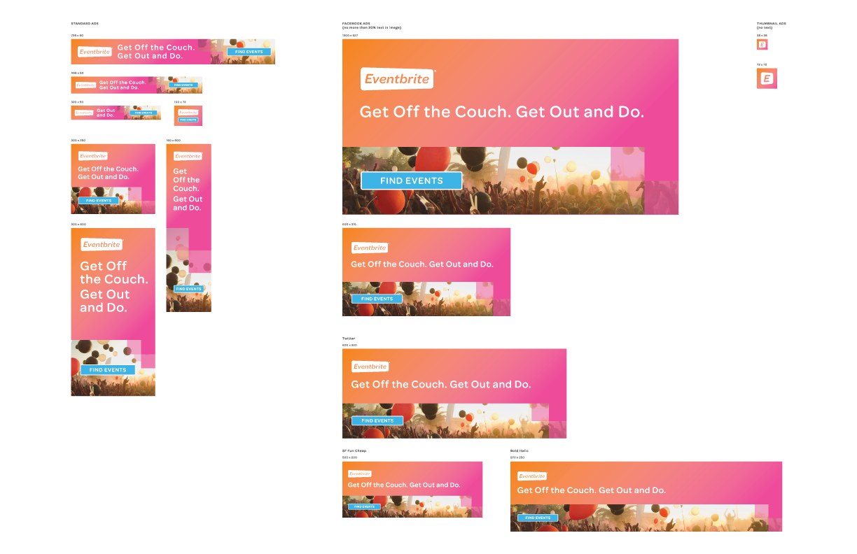 Orange and pink campaign banners in several sizes reading Get off the couch, get out and do