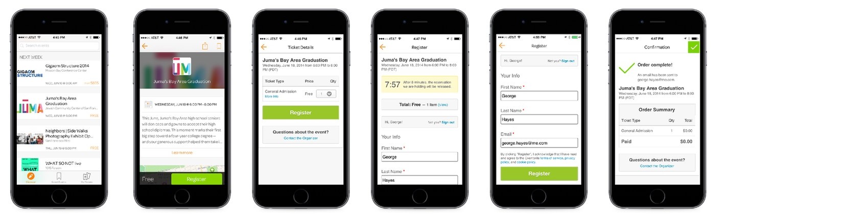 Before: six phone screens of the existing mobile checkout, from event list to confirmation