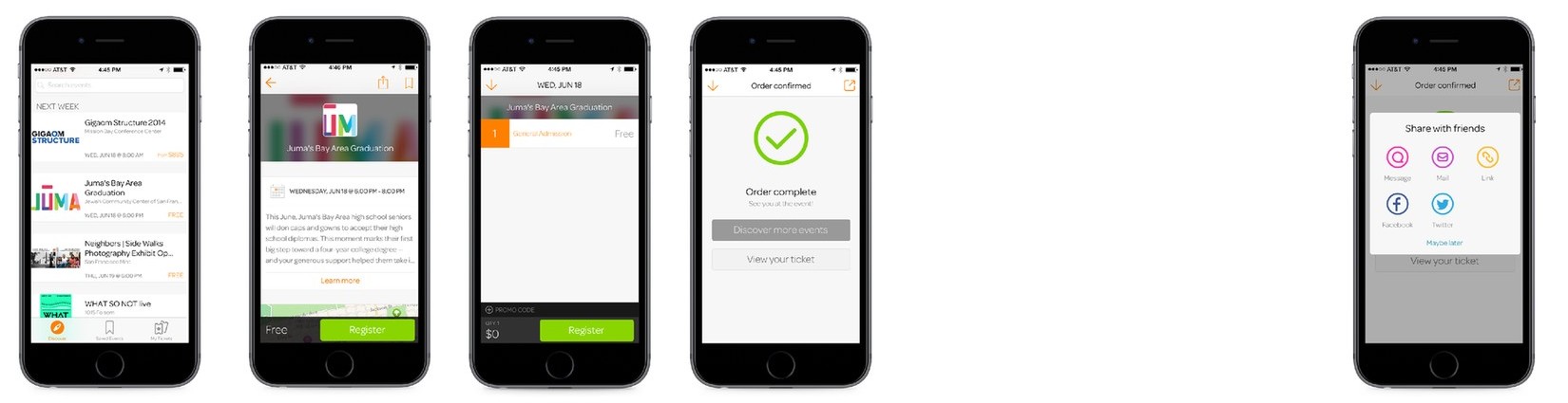 After: the proposed mobile checkout, from event list to order complete and a share sheet