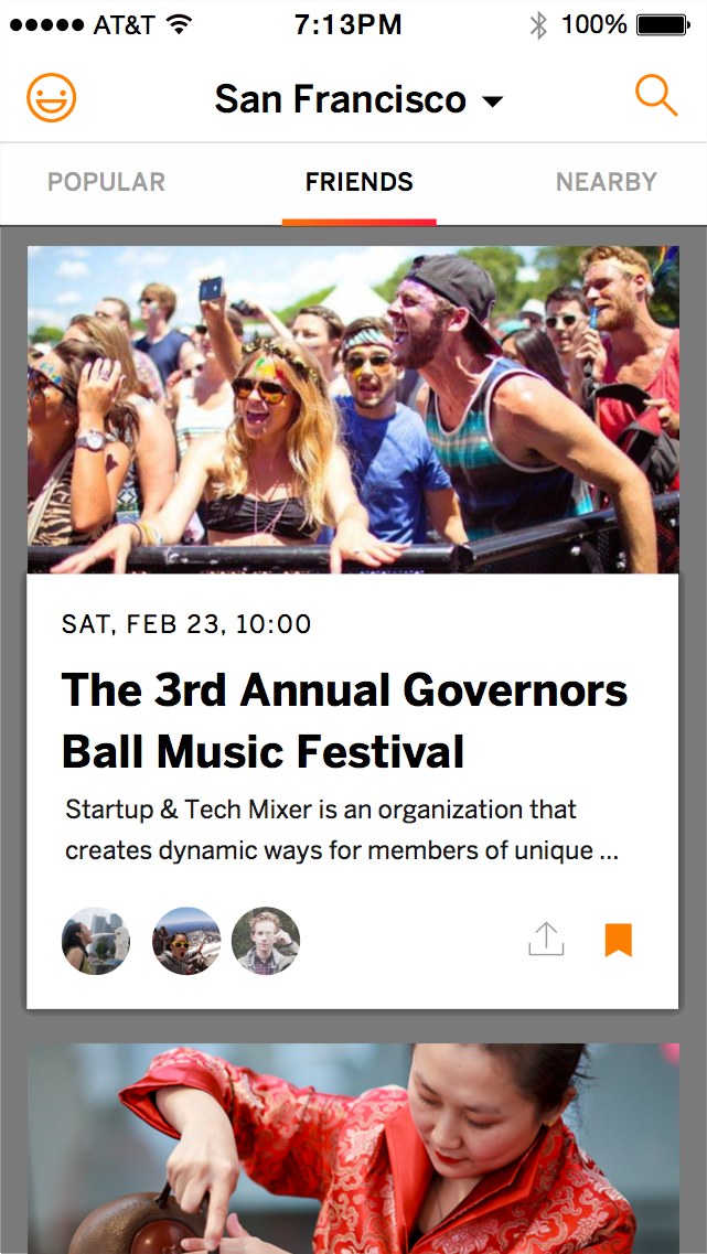 Attendee app: a San Francisco event feed with a festival photo card