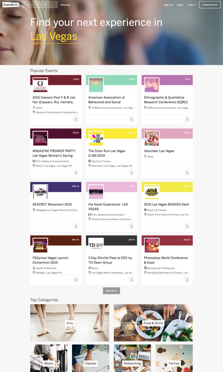 Eventbrite homepage comp with a photo header and a grid of events