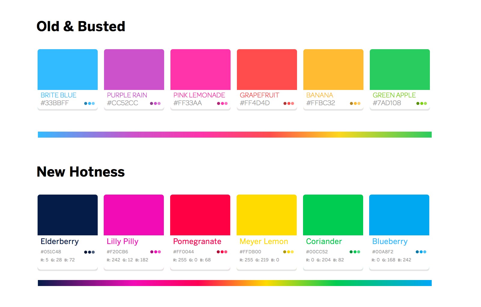 Two color palettes: the legacy palette labeled Old and Busted above the new palette labeled New Hotness