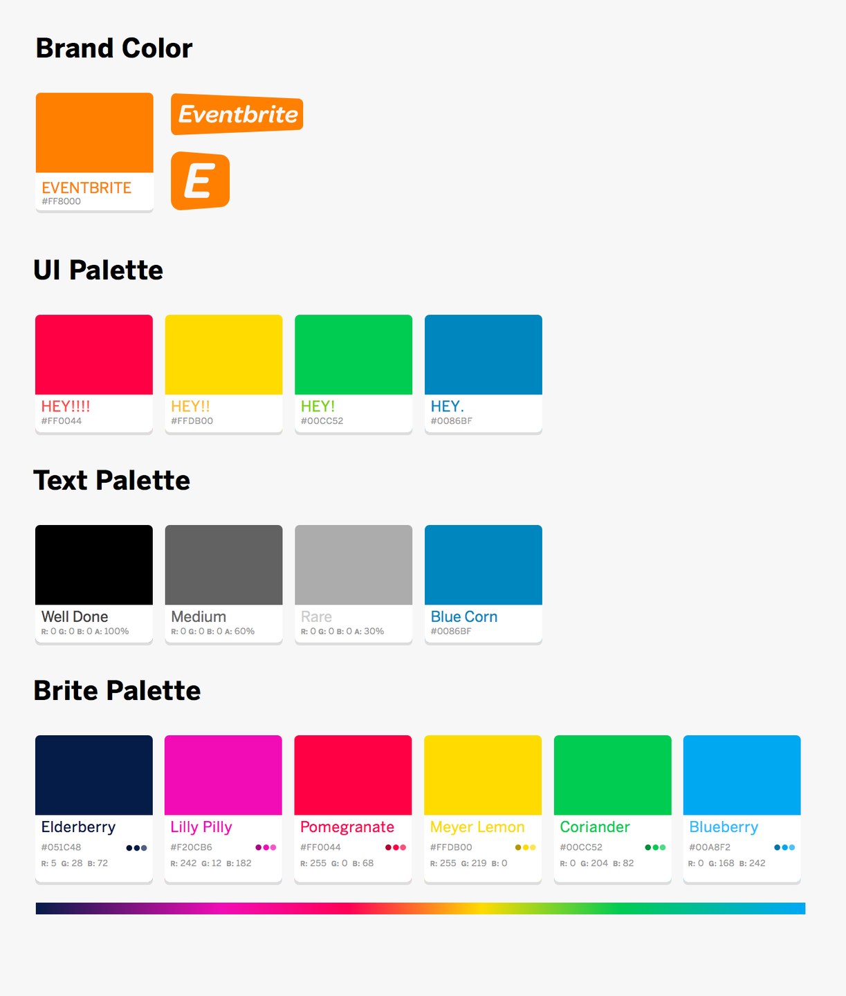 Style guide color page with brand color, UI palette, text palette, and Brite palette swatches
