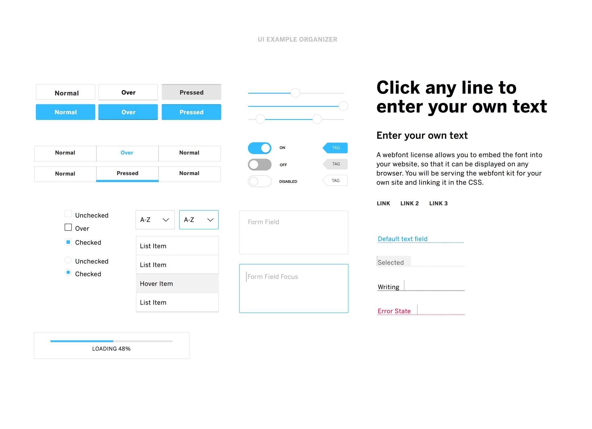 Eventbrite component sheet with button states, toggles, form fields, dropdowns, and a loading bar