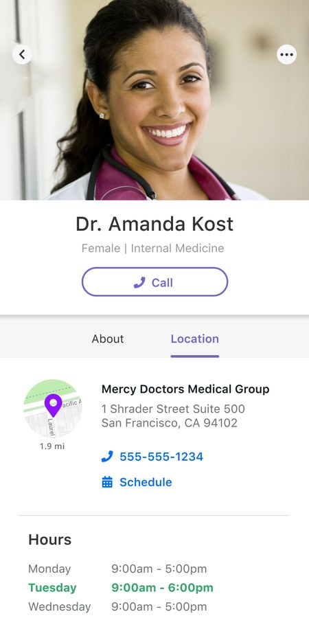 Doctor profile locations tab with address, phone, and hours
