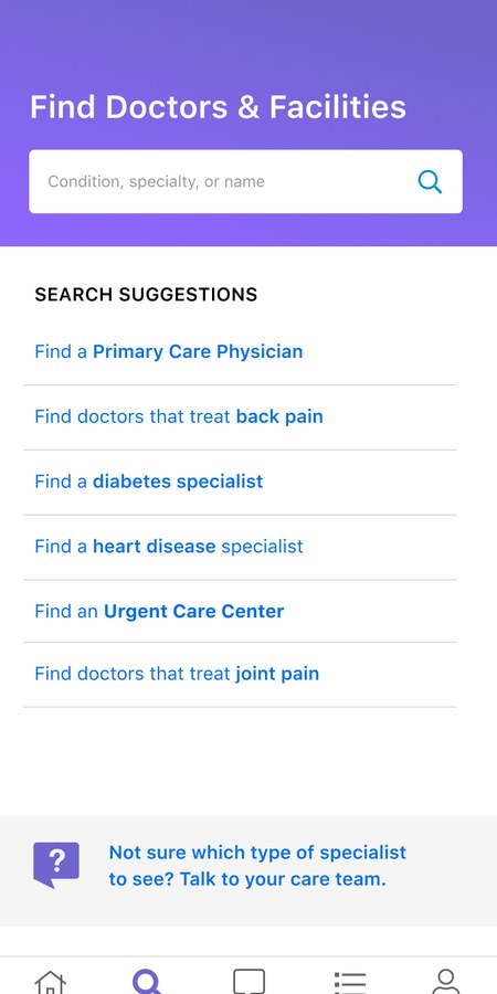 Find doctors and facilities, with search suggestions