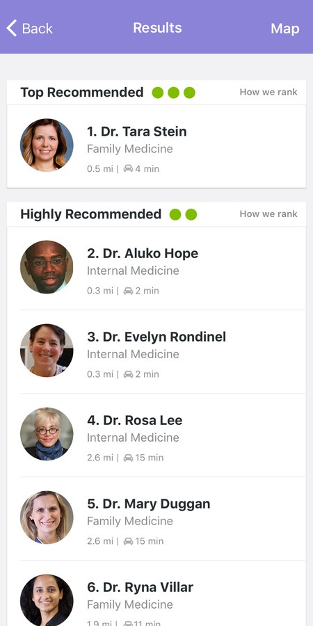 Doctor results grouped into top, highly, and recommended