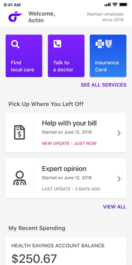 Member home with care in progress, account balances, and suggested services