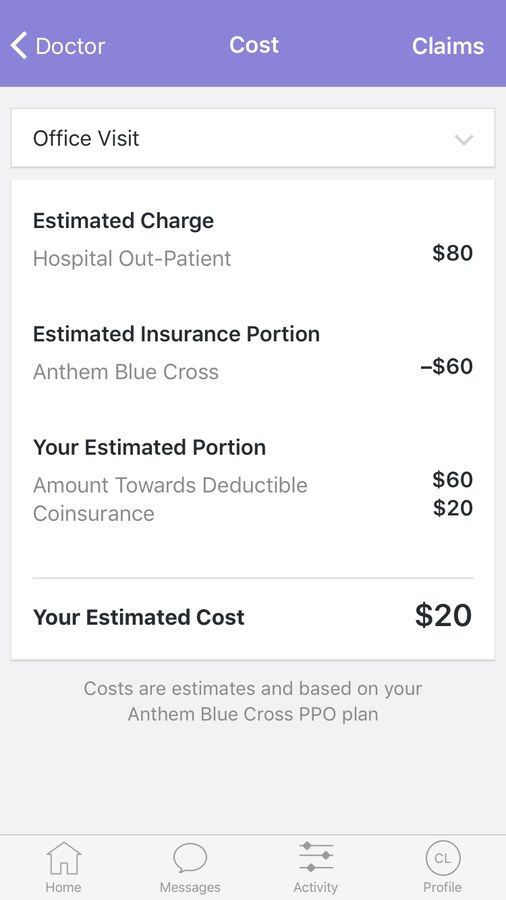 Estimated cost of an office visit, broken into charge, insurance portion, and the member’s portion